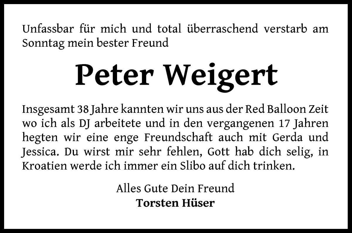 Traueranzeige von Peter Weigert von WESER-KURIER