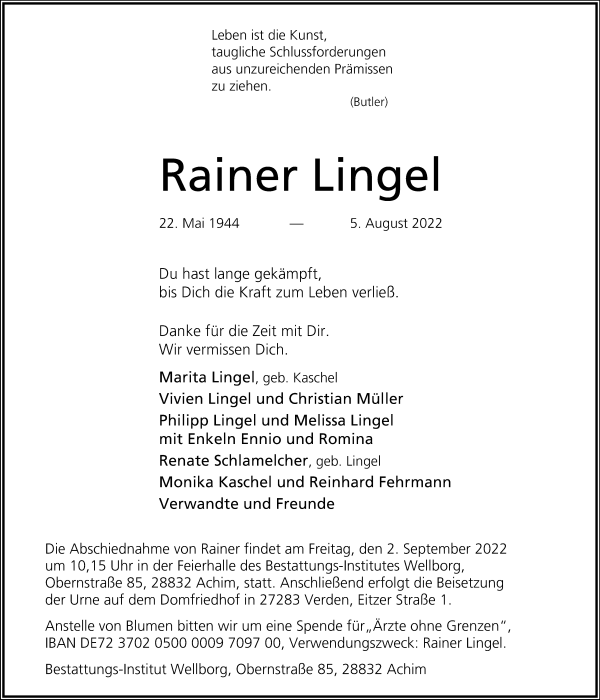 Traueranzeige von Rainer Lingel von WESER-KURIER
