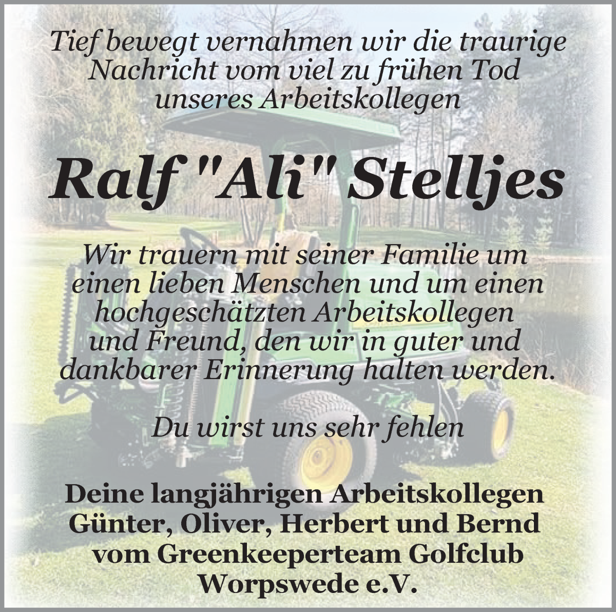  Traueranzeige für Ralf Stelljes vom 30.08.2022 aus Osterholzer Kreisblatt
