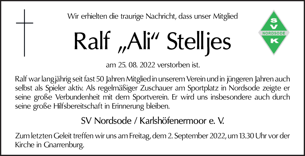 Traueranzeige für Ralf Stelljes vom 31.08.2022 aus Wuemme Zeitung