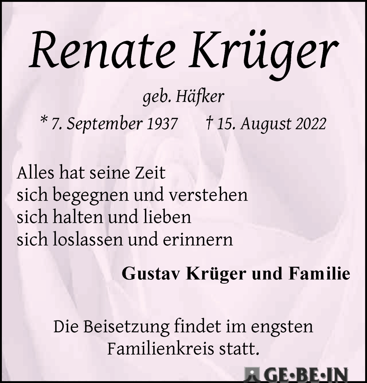  Traueranzeige für Renate Krüger vom 27.08.2022 aus WESER-KURIER