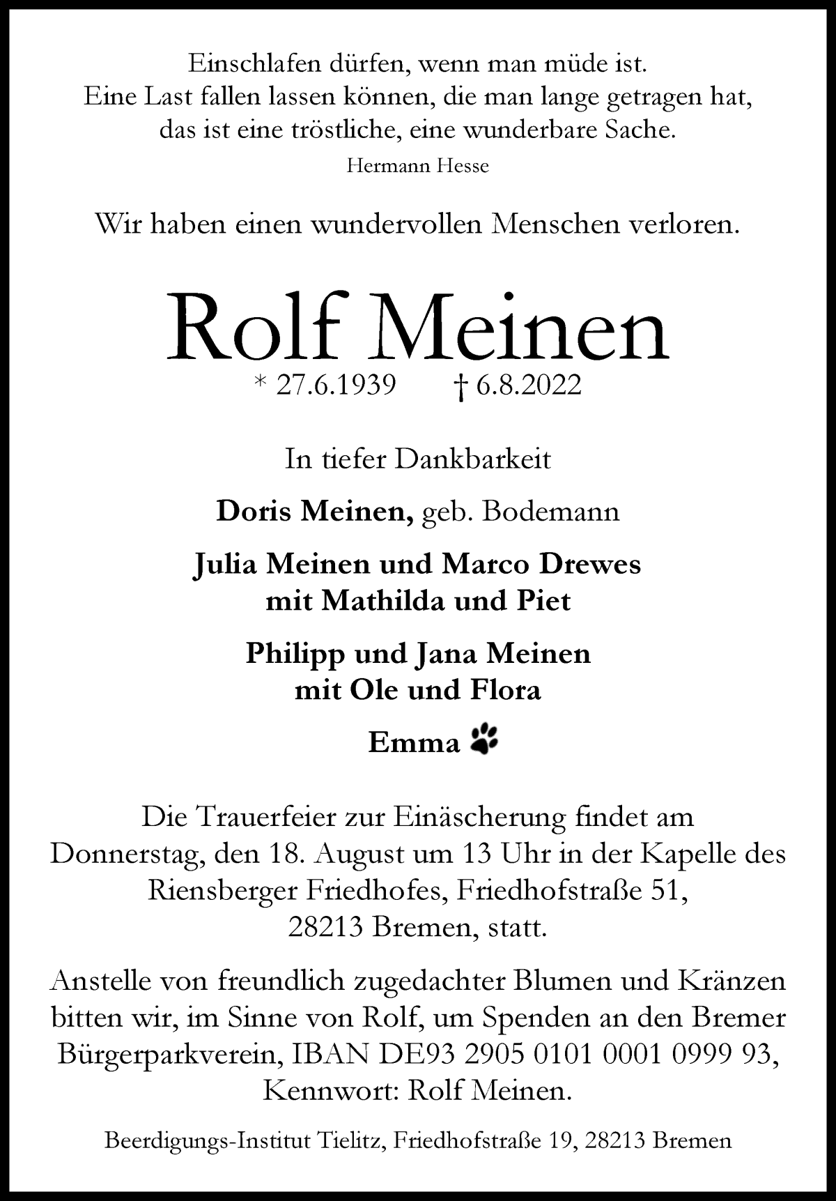  Traueranzeige für Rolf Meinen vom 10.08.2022 aus WESER-KURIER