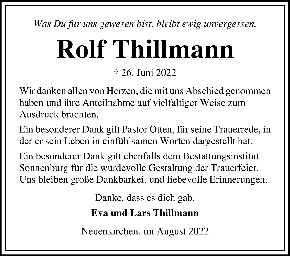 Traueranzeige von Rolf Thillmann von Die Norddeutsche