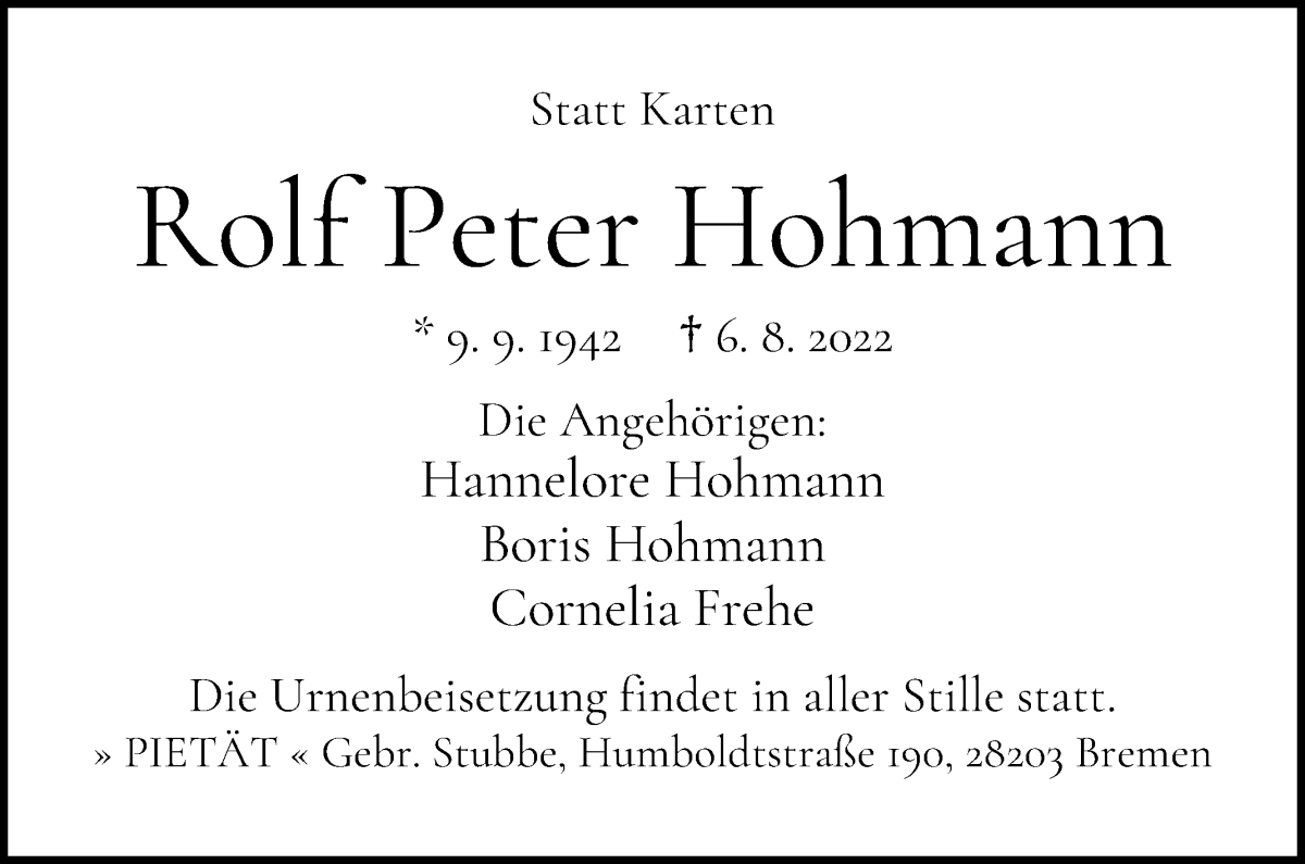  Traueranzeige für Rolf Peter Hohmann vom 13.08.2022 aus WESER-KURIER