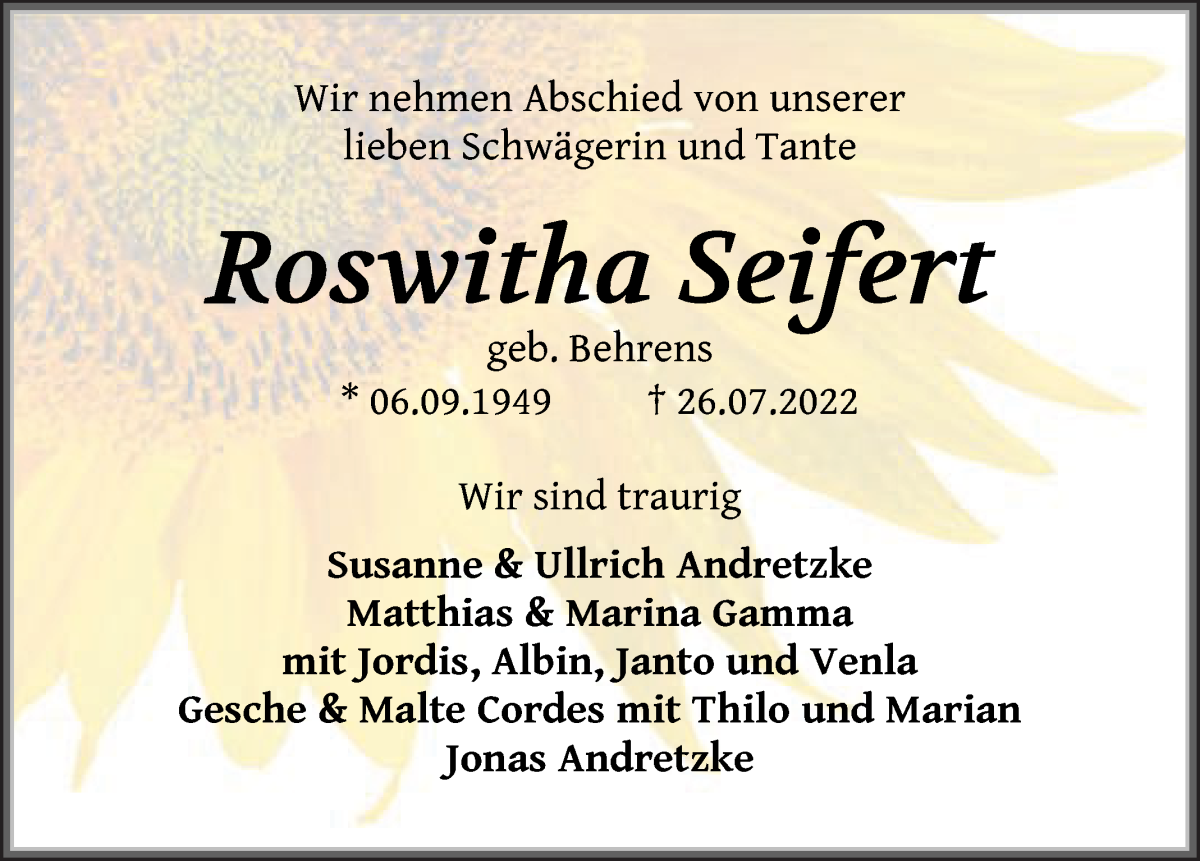 Traueranzeige von Roswitha Seifert von WESER-KURIER