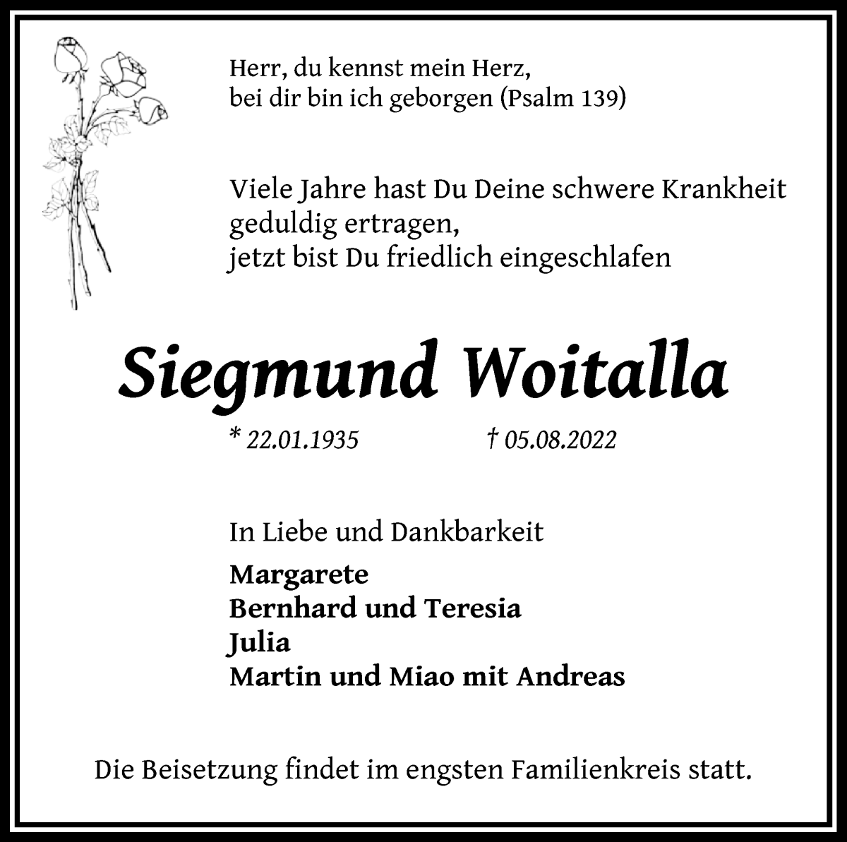  Traueranzeige für Siegmund Woitalla vom 10.08.2022 aus WESER-KURIER