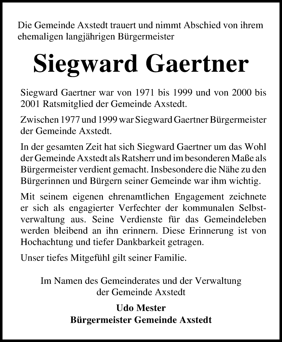 Traueranzeige von Siegward Gaertner von Osterholzer Kreisblatt