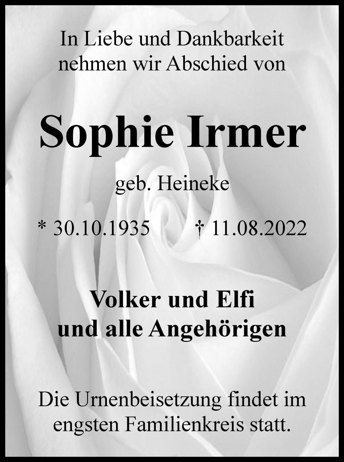  Traueranzeige für Sophie Irmer vom 27.08.2022 aus WESER-KURIER