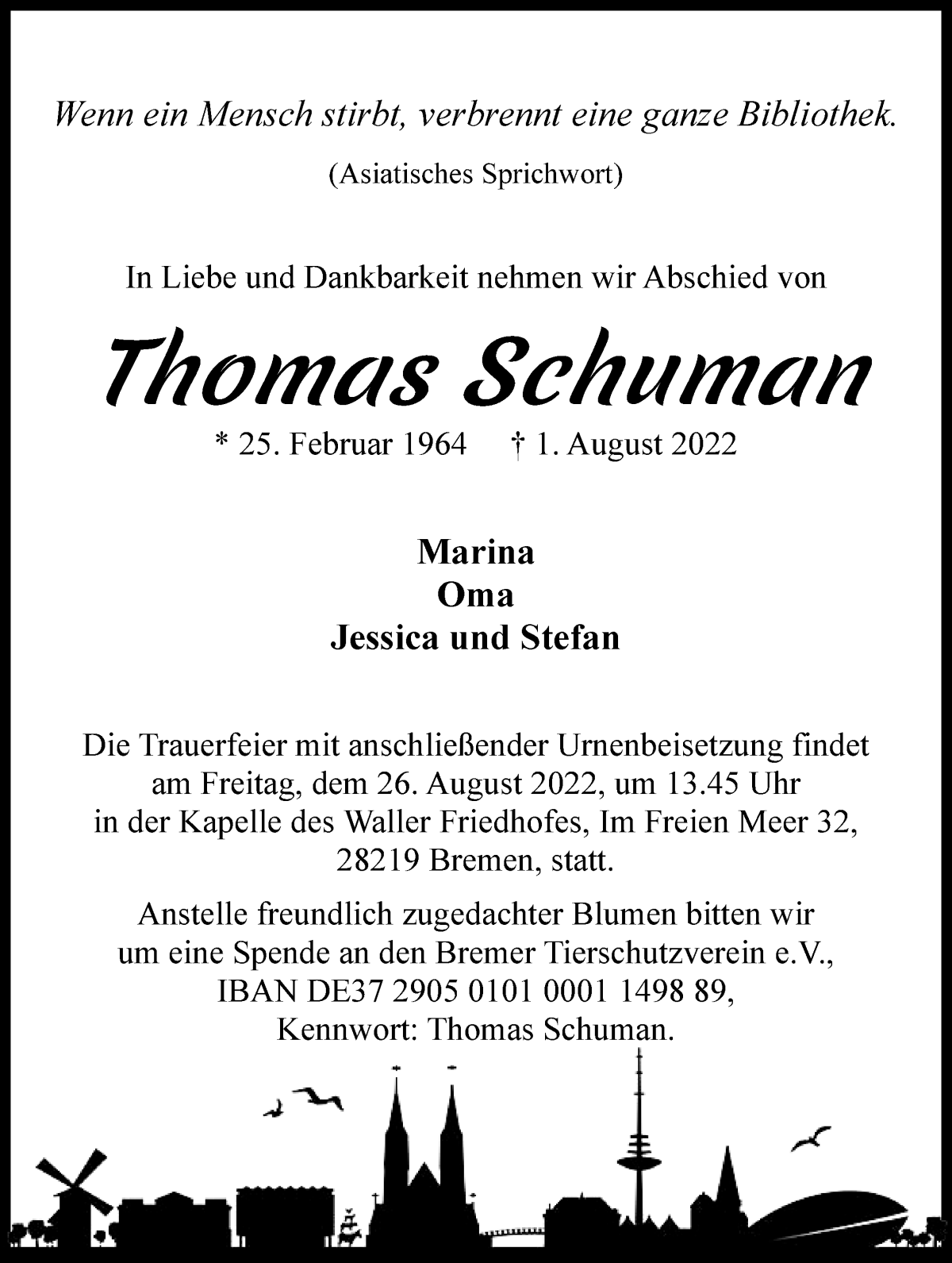 Traueranzeige von Thomas Schuman von WESER-KURIER
