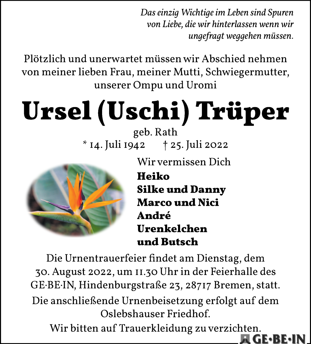  Traueranzeige für Ursel (Uschi) Trüper vom 06.08.2022 aus WESER-KURIER