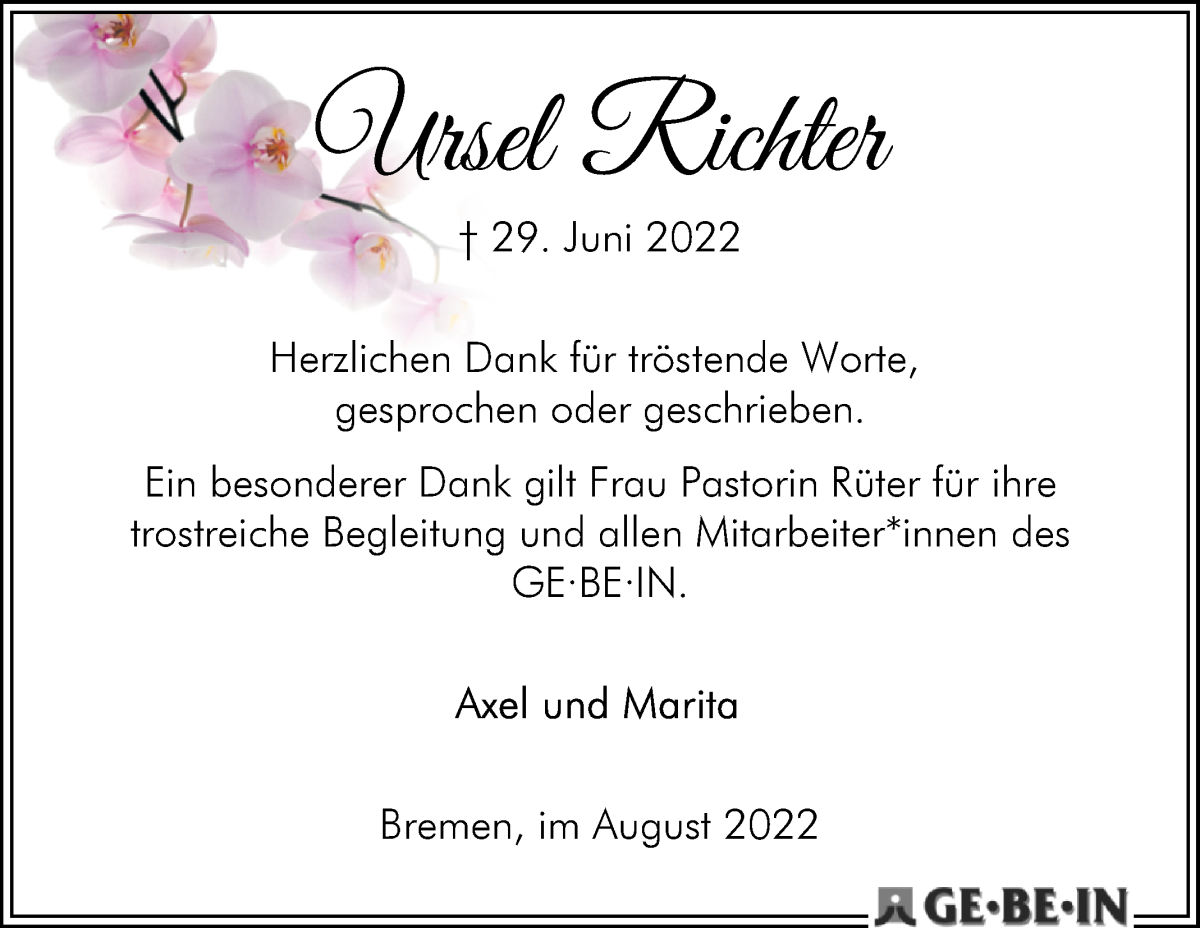  Traueranzeige für Ursel Richter vom 20.08.2022 aus WESER-KURIER