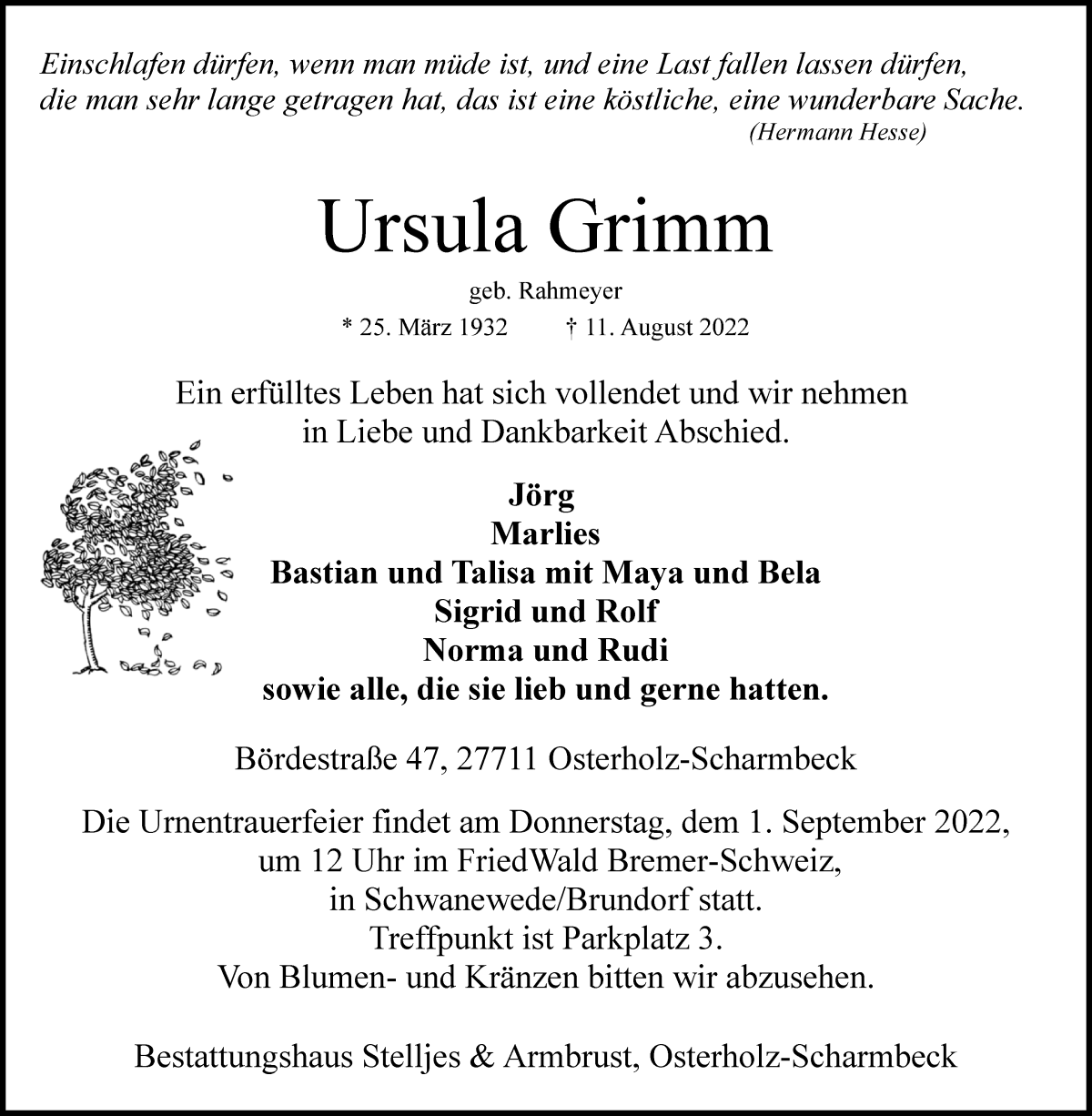 Traueranzeige von Ursula Grimm von Osterholzer Kreisblatt