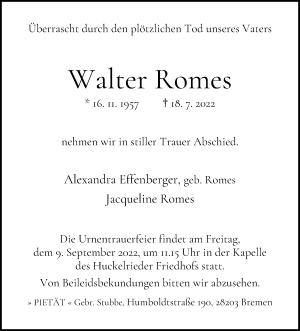Traueranzeige von Walter Romes von WESER-KURIER