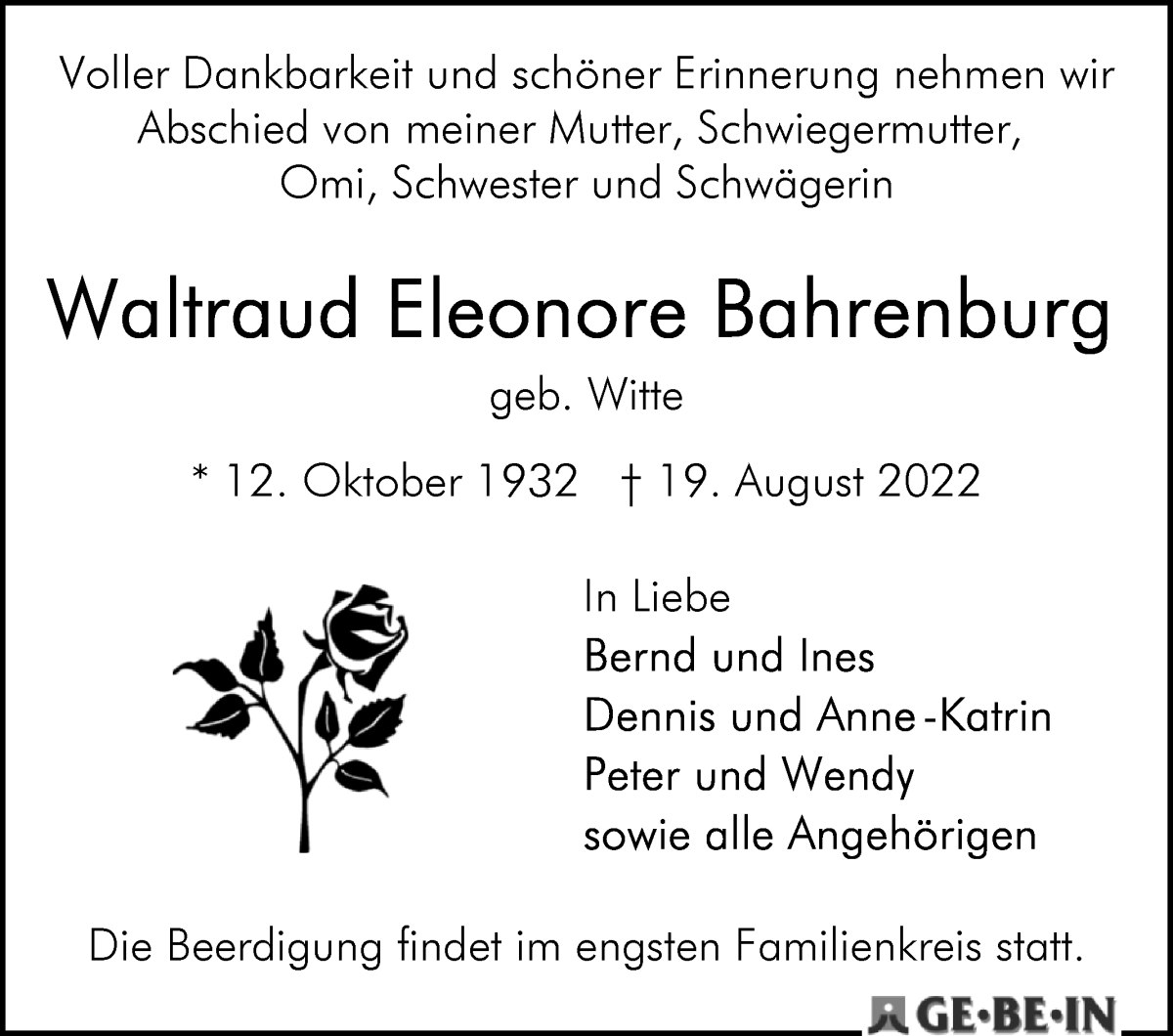 Traueranzeige von Waltraud Eleonore Bahrenburg von WESER-KURIER