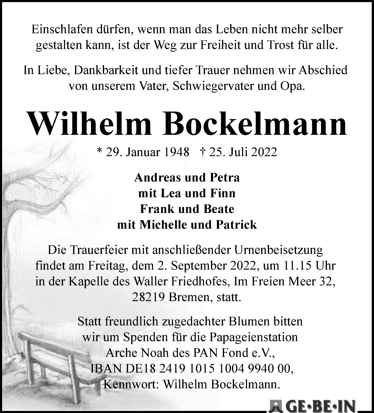 Traueranzeige von Wilhelm Bockelmann von WESER-KURIER