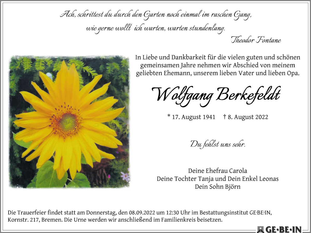 Traueranzeige von Wolfgang Berkefeldt von WESER-KURIER