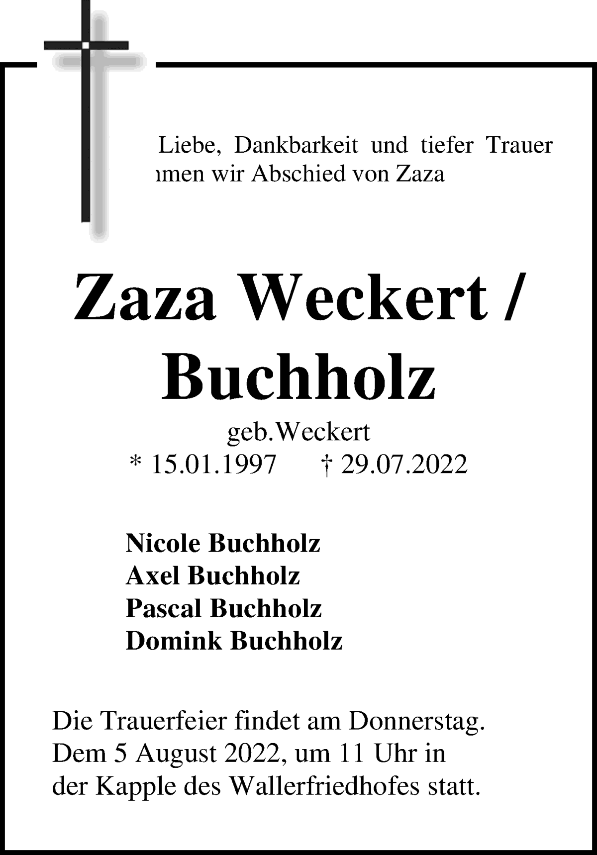  Traueranzeige für Zaza Weckert Buchholz vom 01.08.2022 aus WESER-KURIER