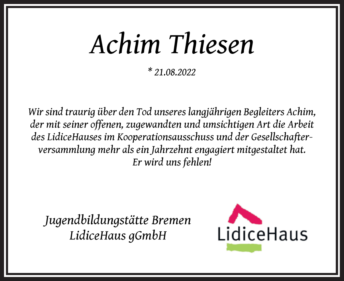  Traueranzeige für Achim Thiesen vom 17.09.2022 aus WESER-KURIER