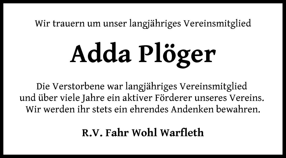 Traueranzeige von Adda Plöger von Die Norddeutsche