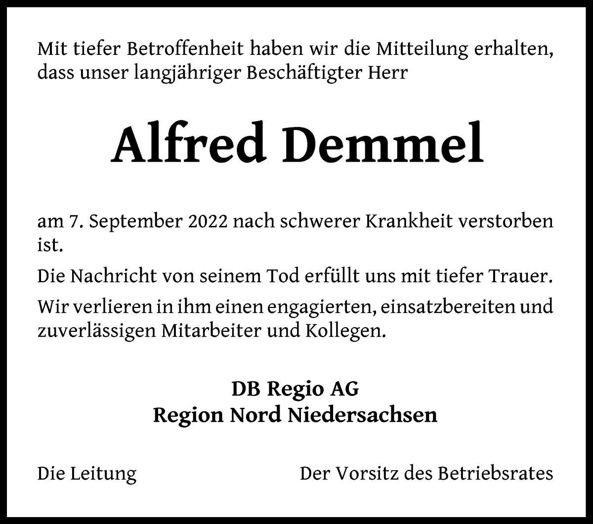  Traueranzeige für Alfred Demmel vom 21.09.2022 aus Die Norddeutsche