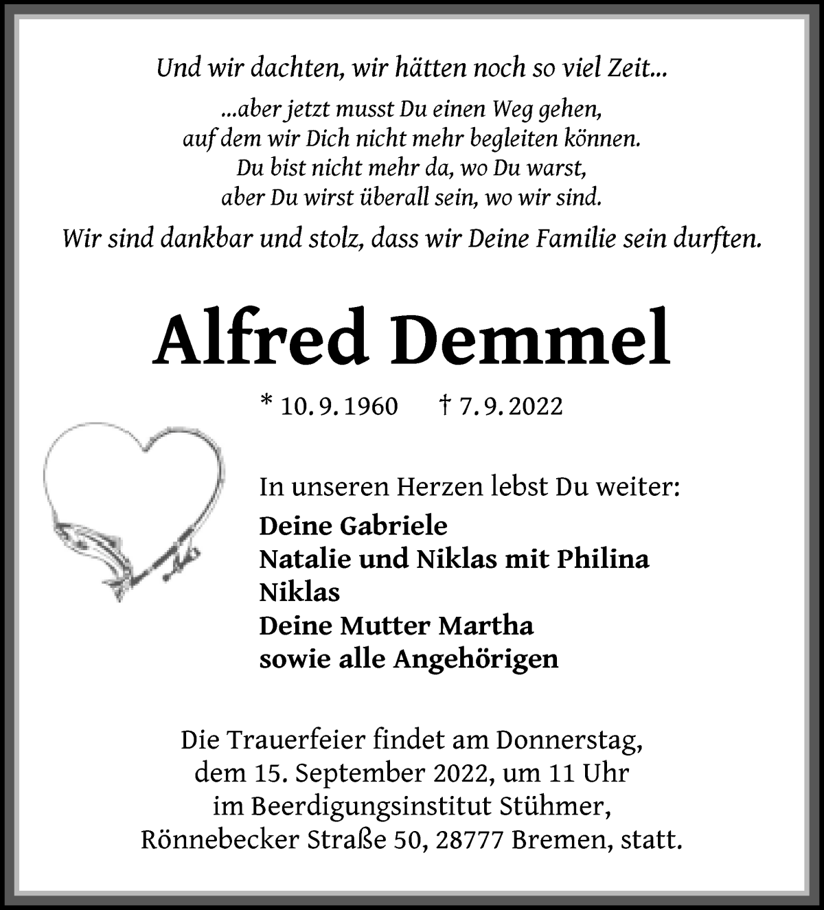  Traueranzeige für Alfred Demmel vom 14.09.2022 aus Die Norddeutsche