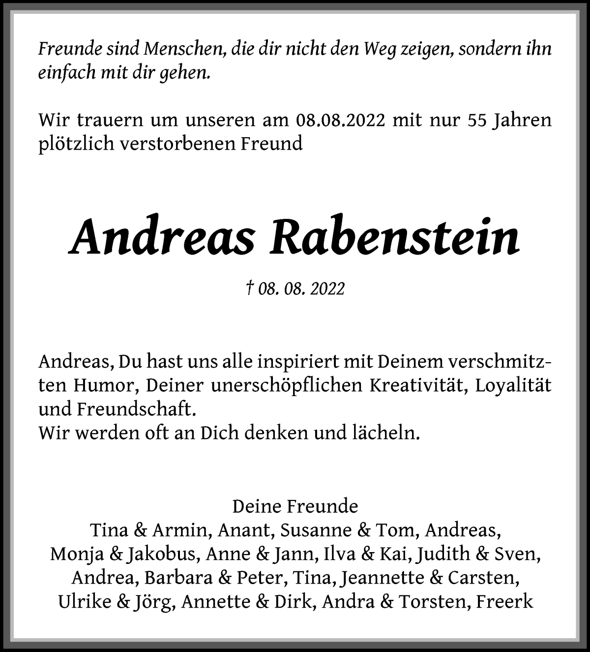  Traueranzeige für Andreas Rabenstein vom 17.09.2022 aus WESER-KURIER
