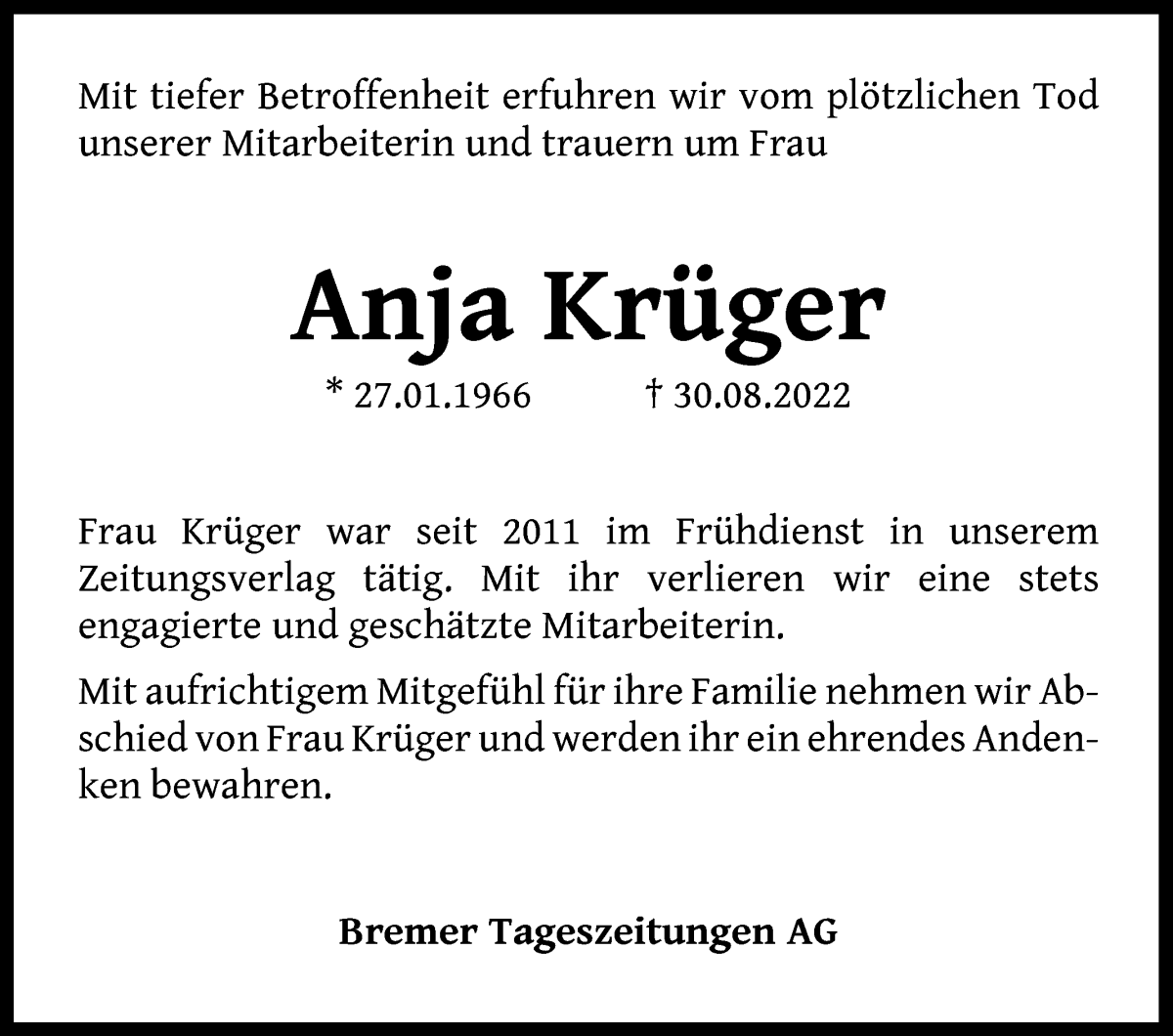  Traueranzeige für Anja Krüger vom 03.09.2022 aus Die Norddeutsche