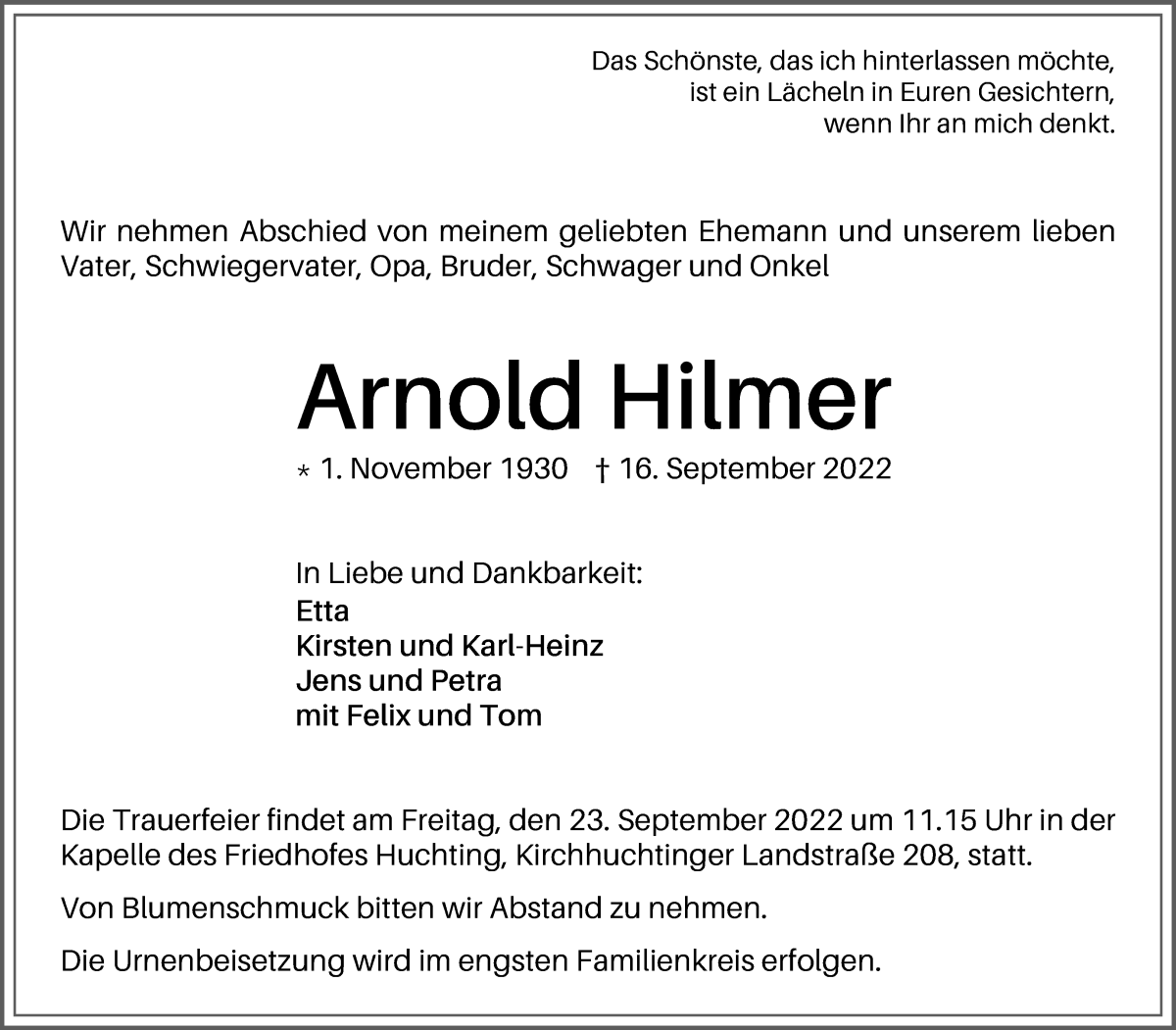  Traueranzeige für Arnold Hilmer vom 20.09.2022 aus WESER-KURIER