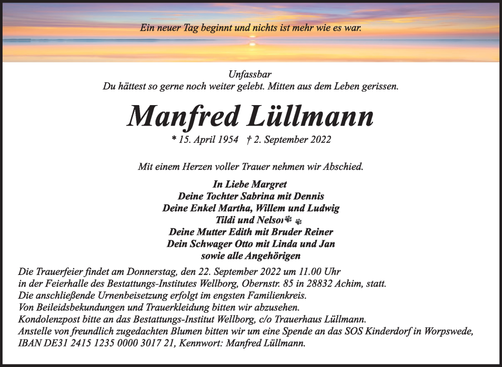  Traueranzeige für Manfred Lüllmann vom 17.09.2022 aus Weser Kurier Gesamtausgabe