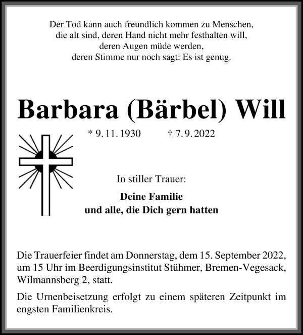 Traueranzeige von Barbara Will von Die Norddeutsche