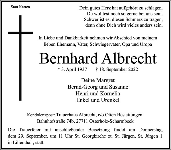 Traueranzeige von Bernhard Albrecht von Osterholzer Kreisblatt