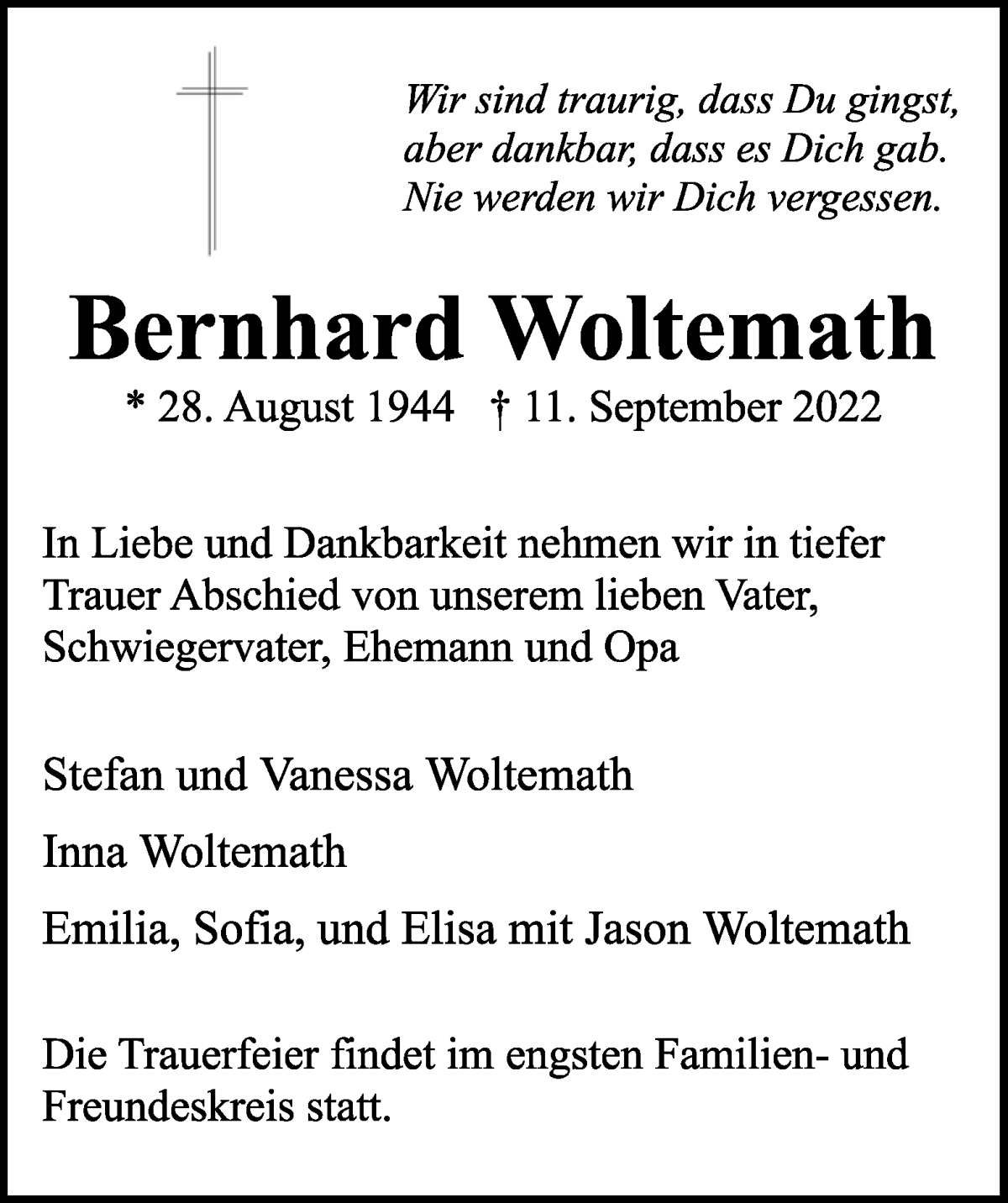 Traueranzeige von Bernhard Woltemath von WESER-KURIER