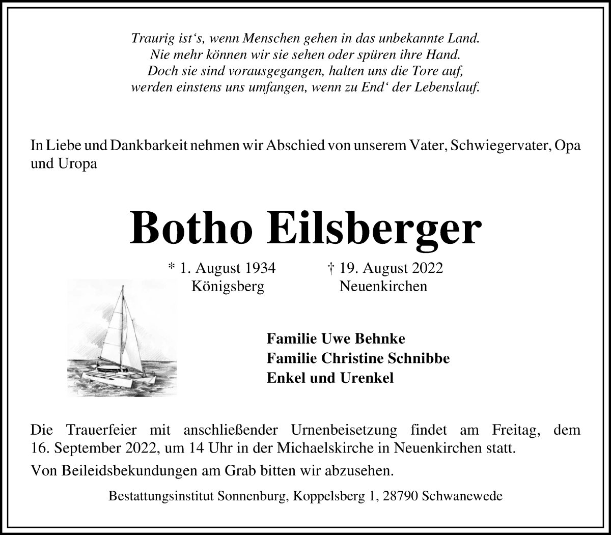 Traueranzeige von Botho Eilsberger von Die Norddeutsche