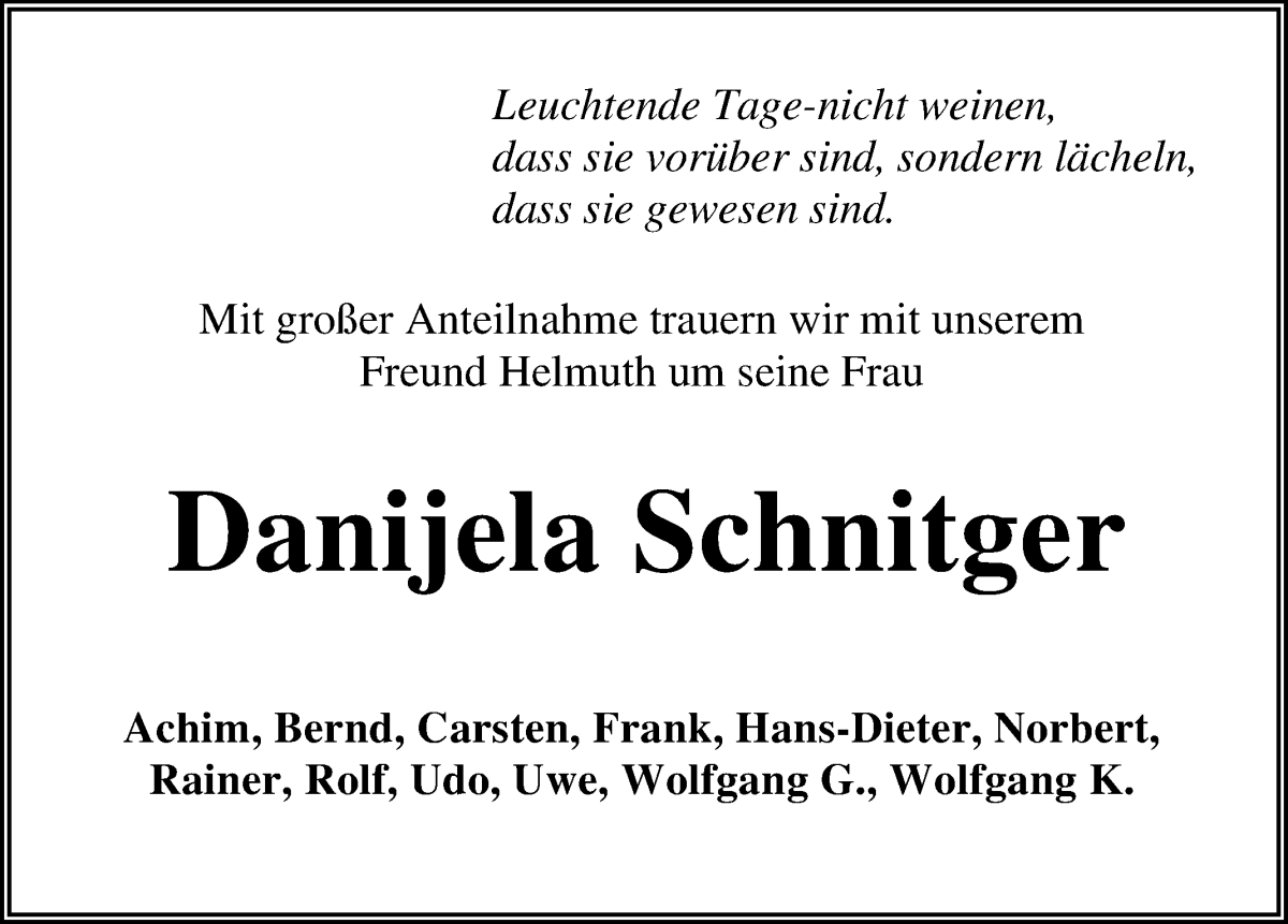 Traueranzeige von Danijela Schnitger von Osterholzer Kreisblatt