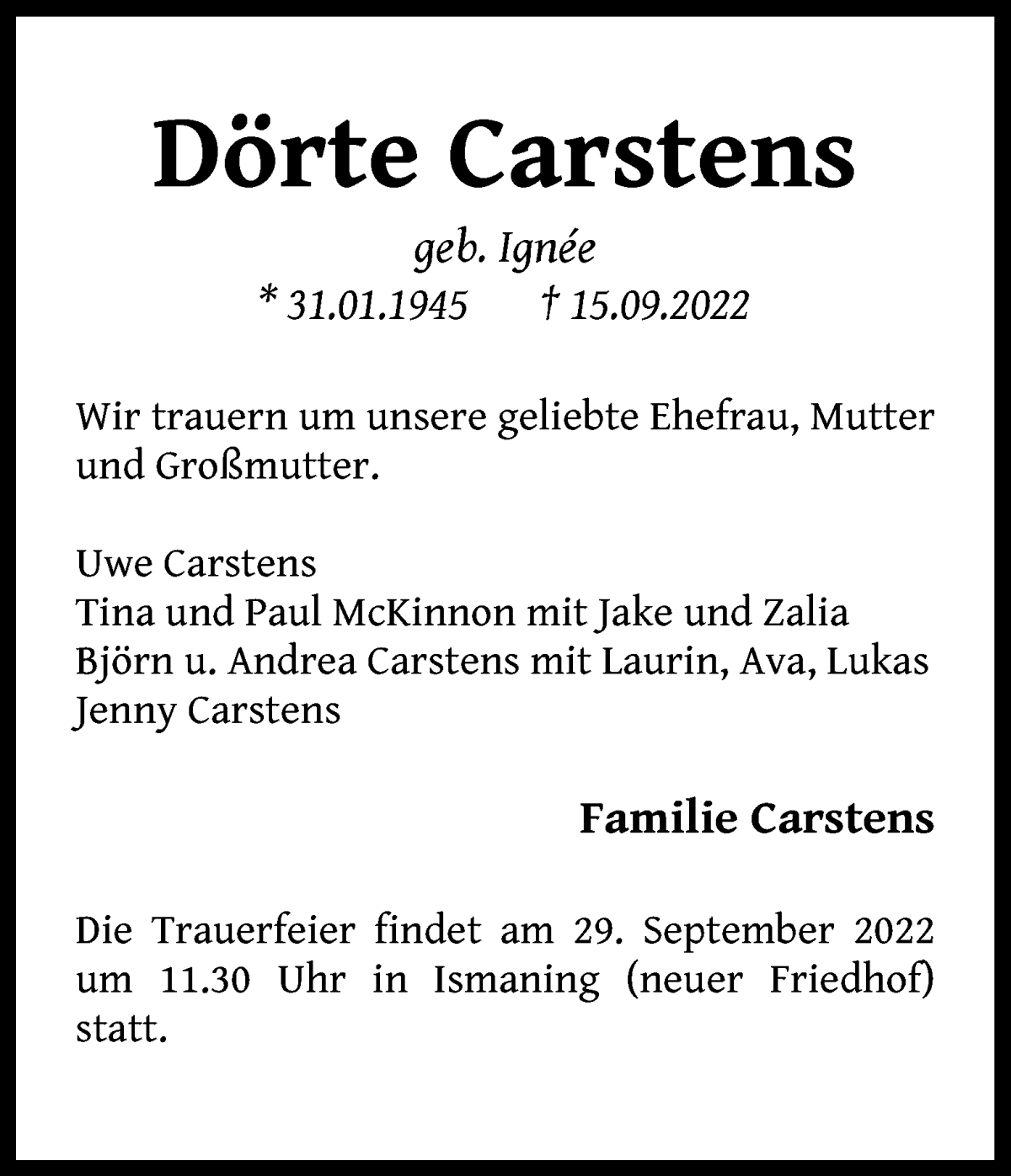  Traueranzeige für Dörte Carstens vom 20.09.2022 aus WESER-KURIER