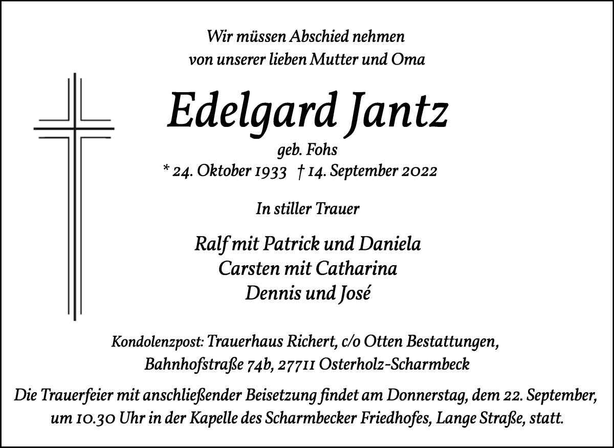  Traueranzeige für Edelgard Jantz vom 17.09.2022 aus Osterholzer Kreisblatt