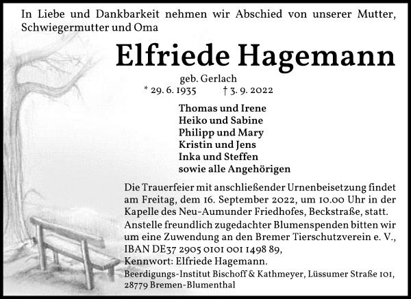Traueranzeige von Elfriede Hagemann von Die Norddeutsche