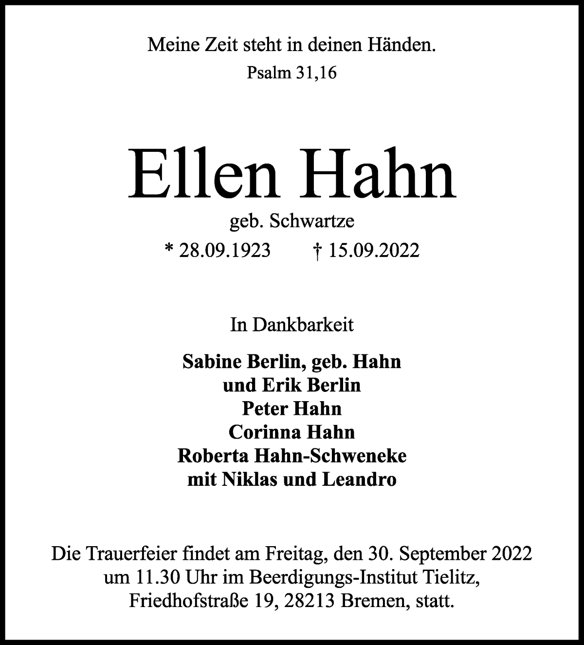  Traueranzeige für Ellen Hahn vom 24.09.2022 aus WESER-KURIER