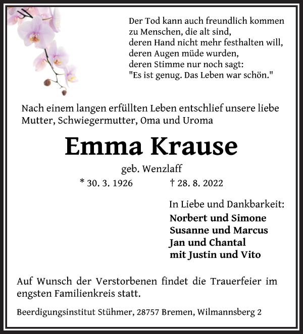 Traueranzeige von Emma Krause von Die Norddeutsche