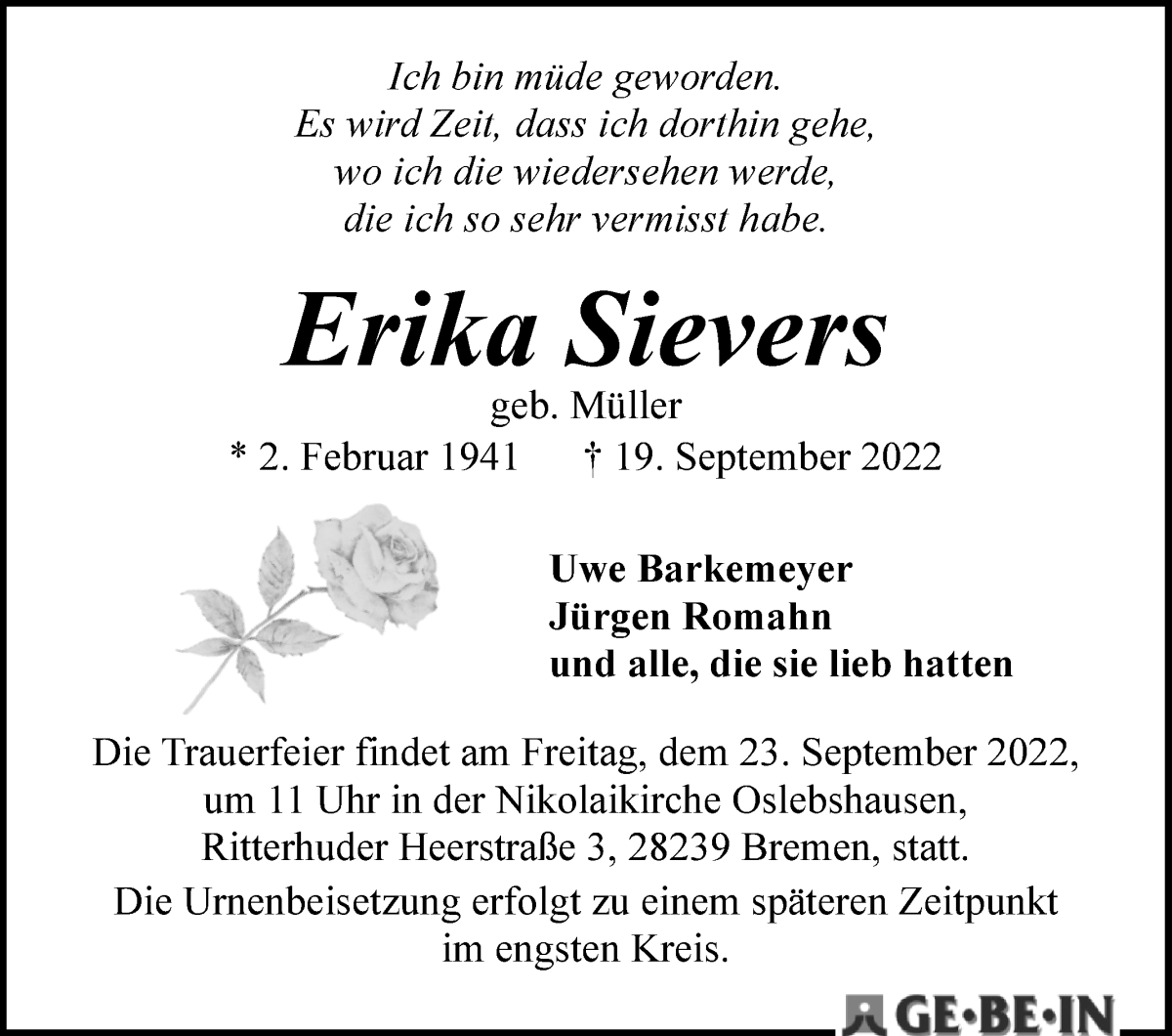  Traueranzeige für Erika Sievers vom 21.09.2022 aus WESER-KURIER