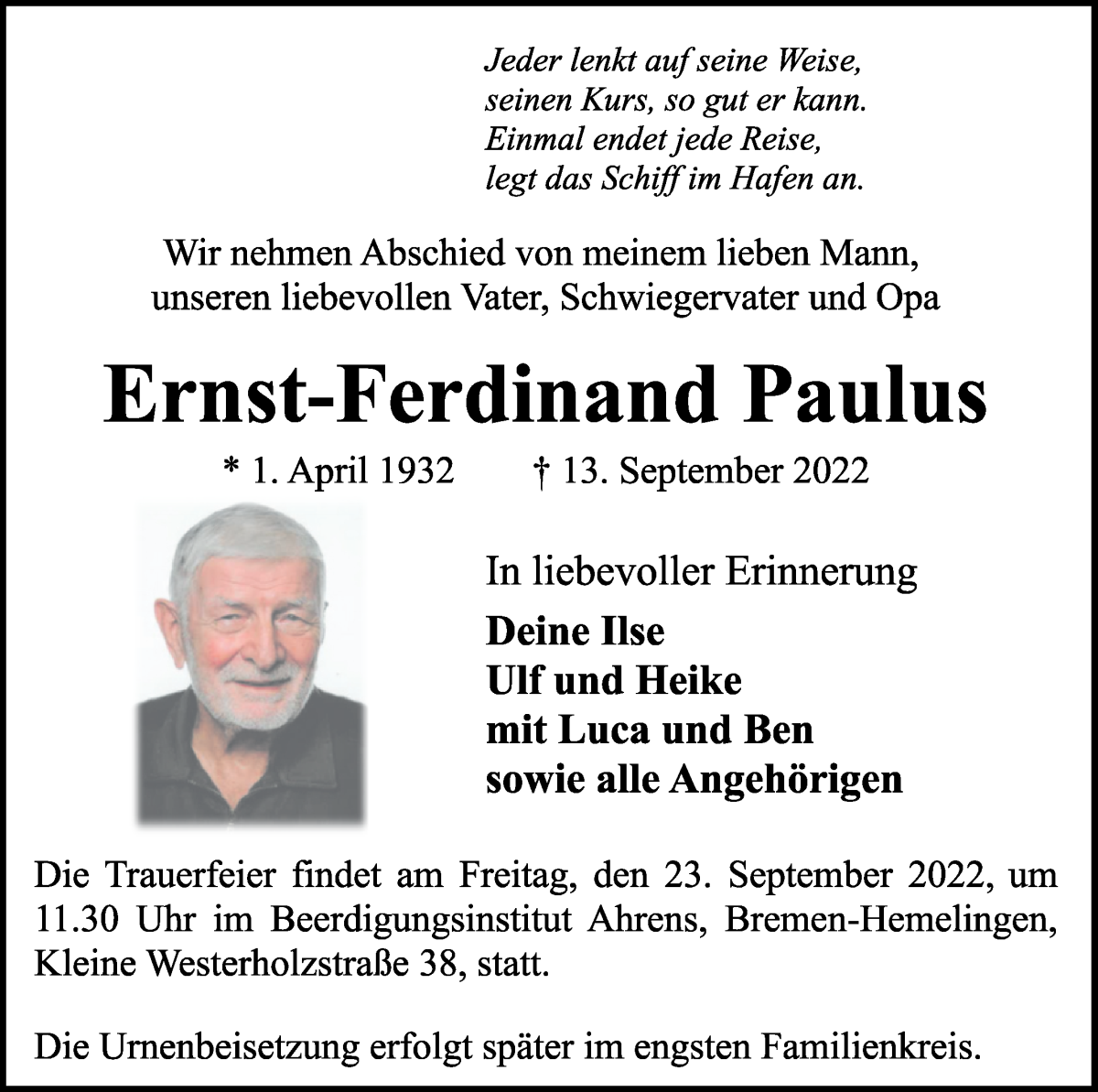  Traueranzeige für Ernst-Ferdinand Paulus vom 17.09.2022 aus WESER-KURIER