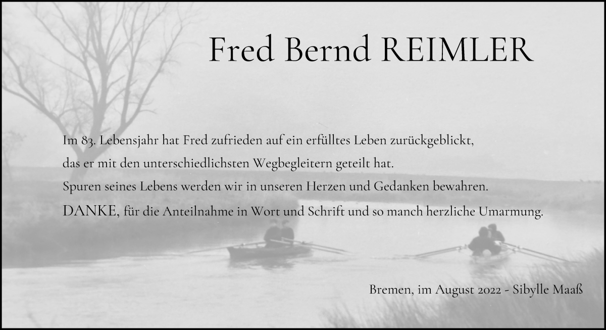 Traueranzeige von Fred Bernd Reimler von WESER-KURIER