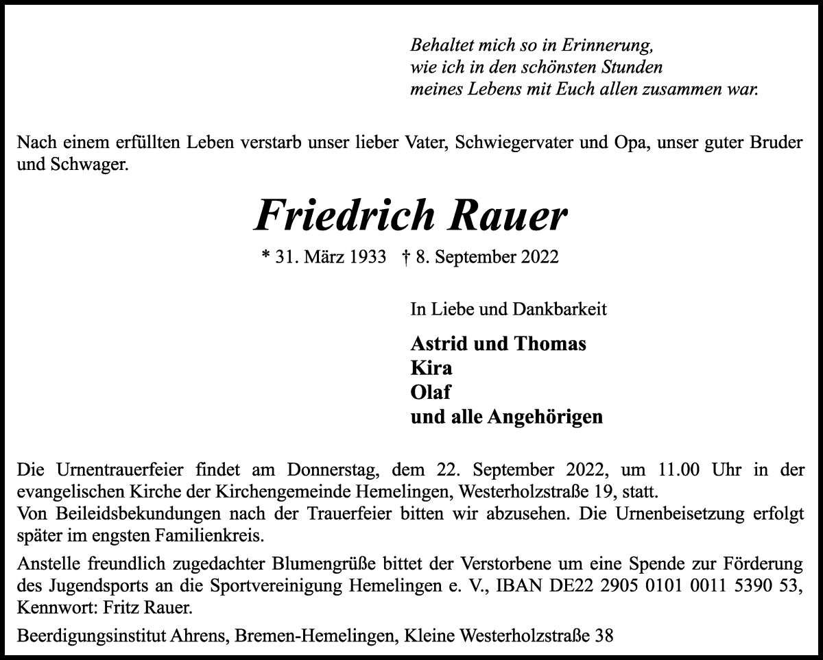  Traueranzeige für Friedrich Rauer vom 17.09.2022 aus WESER-KURIER
