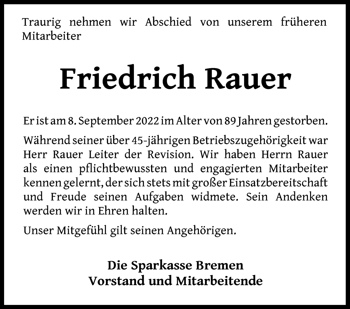  Traueranzeige für Friedrich Rauer vom 17.09.2022 aus WESER-KURIER