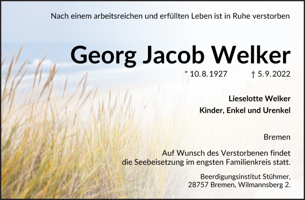 Traueranzeige von Georg Jacob Welker von WESER-KURIER
