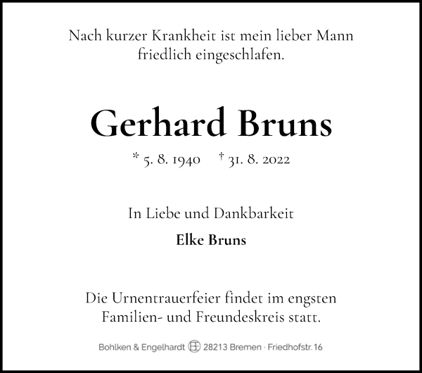 Traueranzeige von Gerhard Bruns von WESER-KURIER