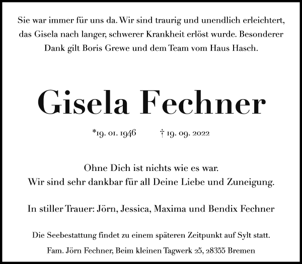 Traueranzeige von Gisela Fechner von WESER-KURIER