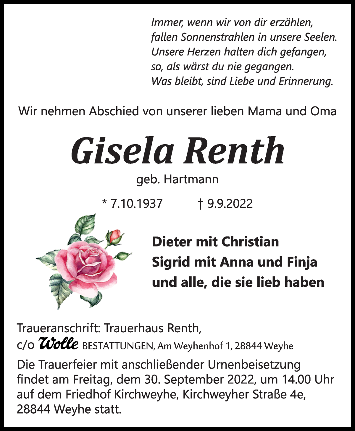  Traueranzeige für Gisela Renth vom 17.09.2022 aus WESER-KURIER