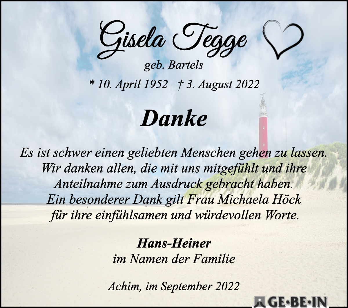  Traueranzeige für Gisela Tegge vom 10.09.2022 aus WESER-KURIER