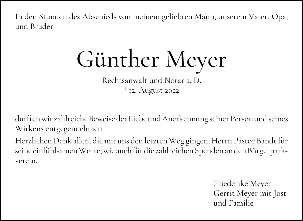  Traueranzeige für Günther Meyer vom 24.09.2022 aus WESER-KURIER